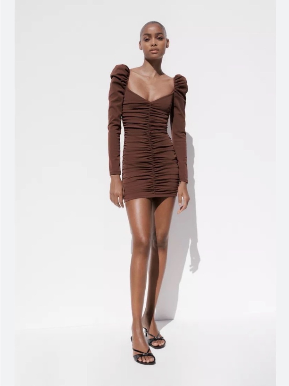 Zara Women’s Brown Ruched Puff-Sleeve Mini Body-con Dress Size S